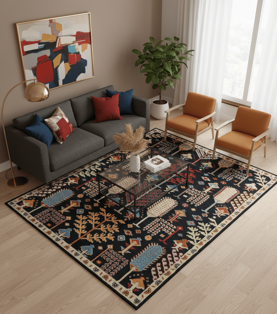 Tree of life Vibrant colorful Black, Beige, Peach and Blue Hand Knotted Traditional Oushak Custom Made wool area Rug - The Rug Decor