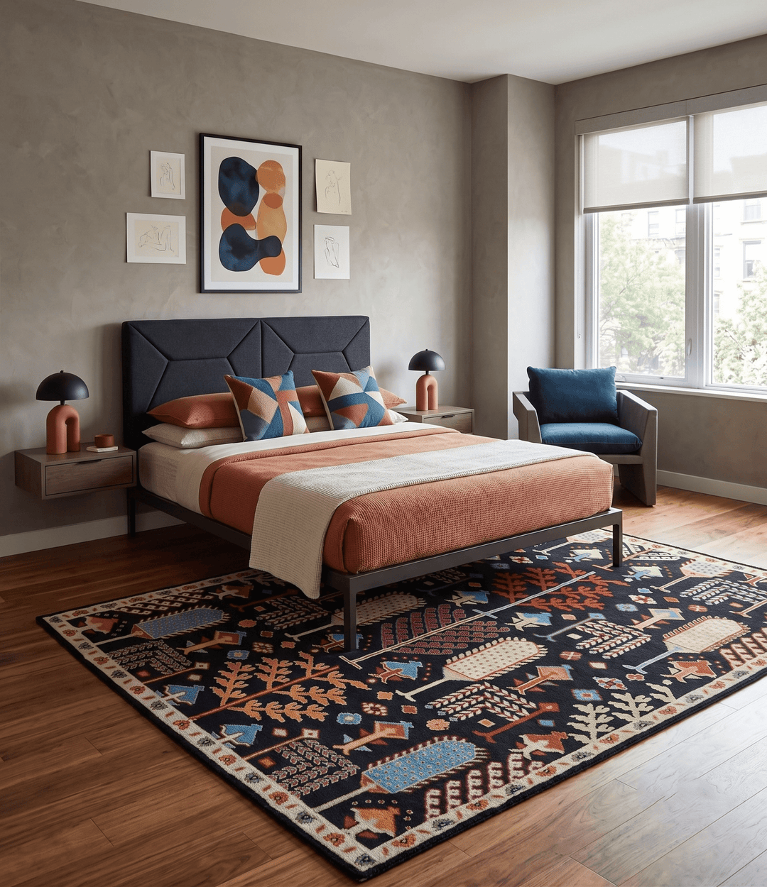 Tree of life Vibrant colorful Black, Beige, Peach and Blue Hand Knotted Traditional Oushak Custom Made wool area Rug - The Rug Decor