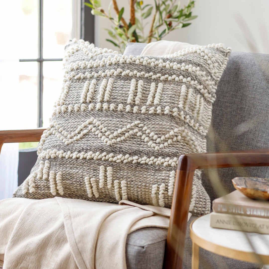 Tribal Design Ivory and Charcoal cable knit Pattern Wool and Cotton Throw and Lumbar Pillow Cover - The Rug Decor