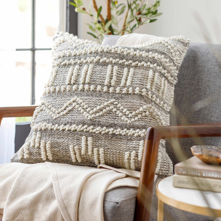 Tribal Design Ivory and Charcoal cable knit Pattern Wool and Cotton Throw and Lumbar Pillow Cover - The Rug Decor