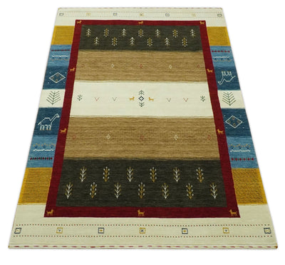 Tribal Gabbeh 4.6x7 Gold, Ivory, Blue and Charcoal Stripes design Wool Rug - The Rug Decor