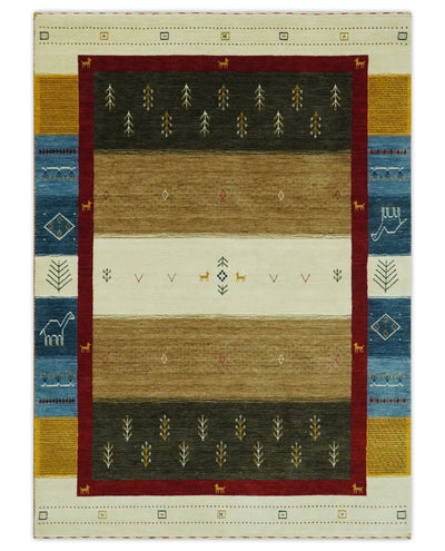 Tribal Gabbeh 4.6x7 Gold, Ivory, Blue and Charcoal Stripes design Wool Rug - The Rug Decor