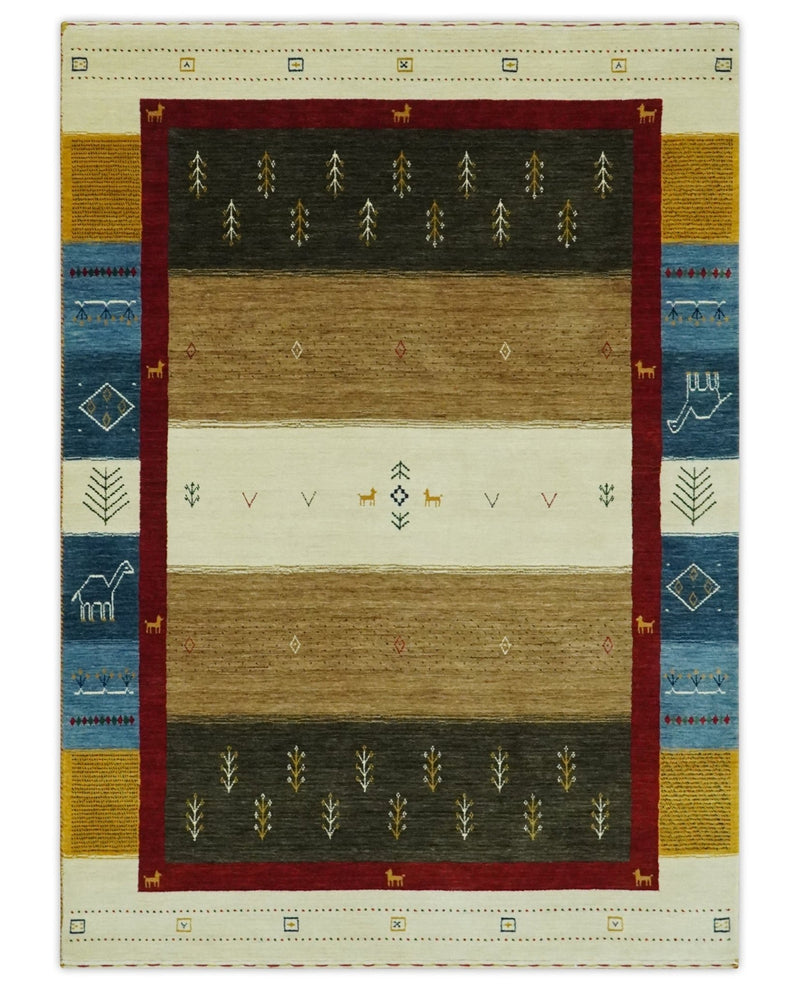 Tribal Gabbeh 4.6x7 Gold, Ivory, Blue and Charcoal Stripes design Wool Rug - The Rug Decor