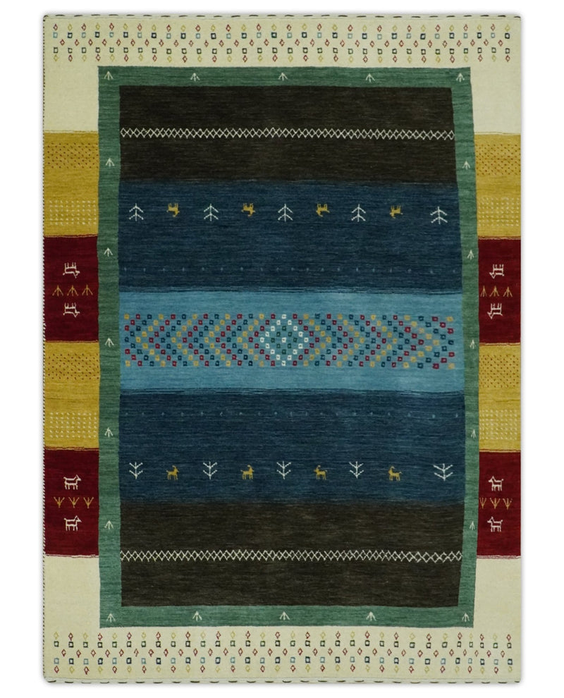 Tribal Gabbeh Blue, Gold, Maroon and Ivory Stripes design Traditional Hand loom 4.6x7 Wool Area Rug - The Rug Decor