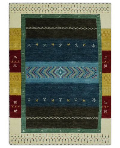 Tribal Gabbeh Blue, Gold, Maroon and Ivory Stripes design Traditional Wool Area Rug - The Rug Decor