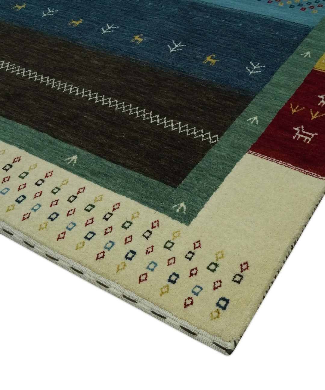Tribal Gabbeh Blue, Gold, Maroon and Ivory Stripes design Traditional Wool Area Rug - The Rug Decor