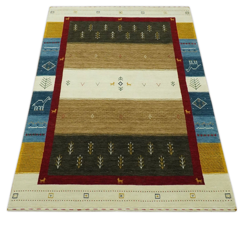 Tribal Gabbeh Gold, Ivory, Blue and Charcoal Stripes design Custom Made Wool Rug - The Rug Decor