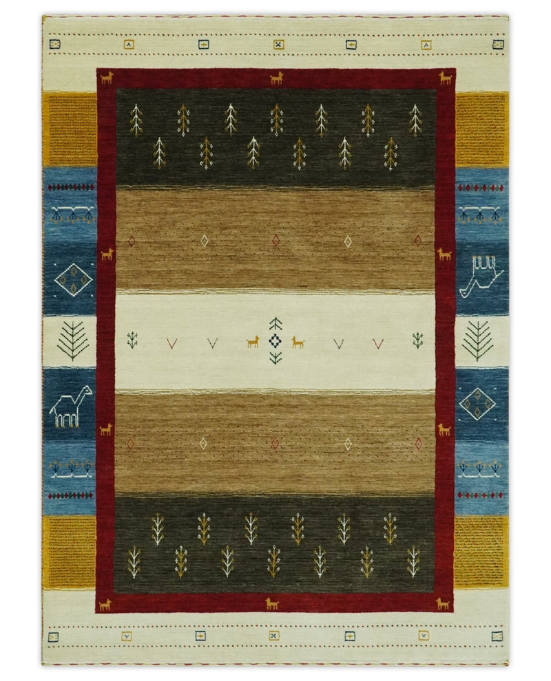 Tribal Gabbeh Gold, Ivory, Blue and Charcoal Stripes design Custom Made Wool Rug - The Rug Decor