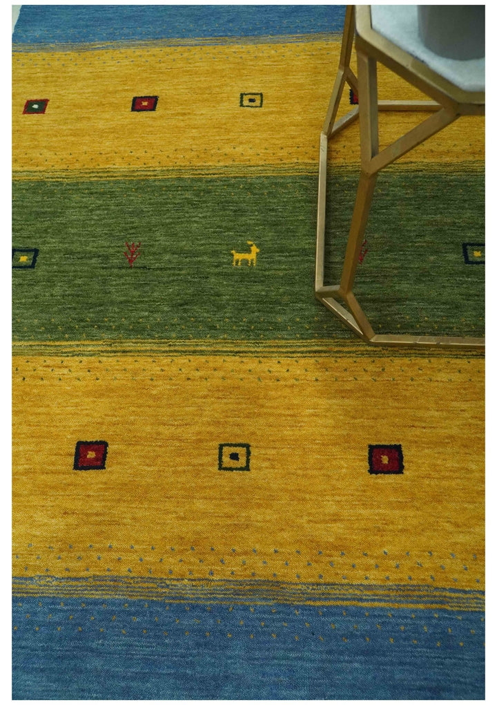 Tribal Gabbeh Green, Gold, Blue, Maroon and Ivory Stripes design Traditional Wool Area Rug - The Rug Decor