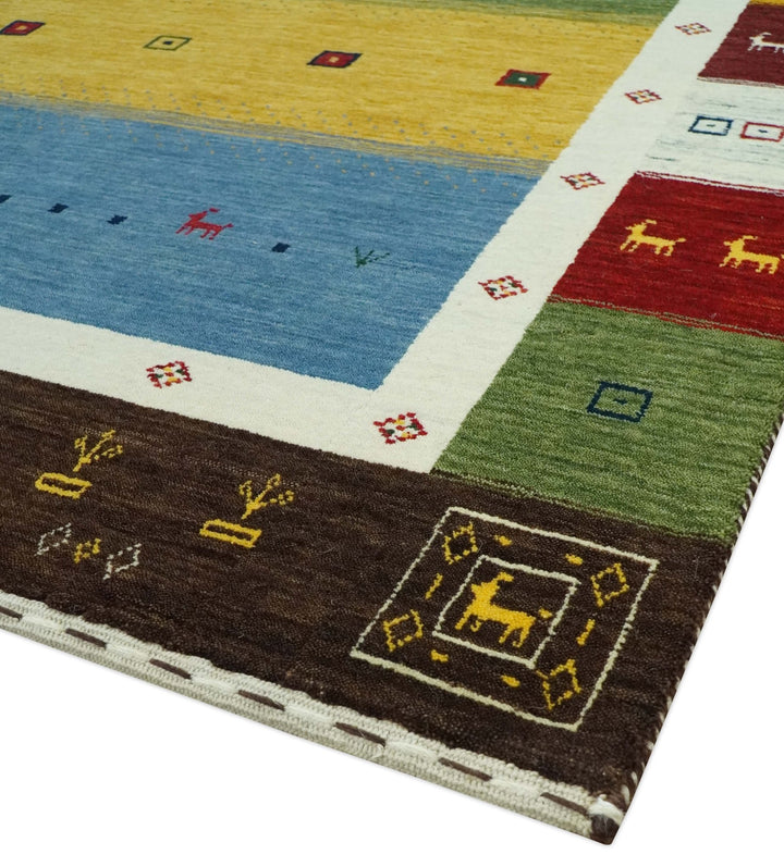 Tribal Gabbeh Green, Gold, Blue, Maroon and Ivory Stripes design Traditional Wool Area Rug - The Rug Decor