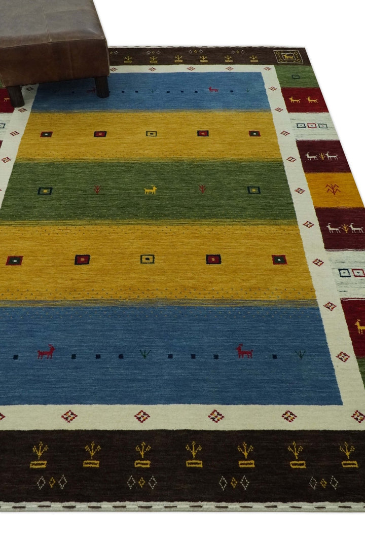 Tribal Gabbeh Green, Gold, Blue, Maroon and Ivory Stripes design Traditional Wool Area Rug - The Rug Decor