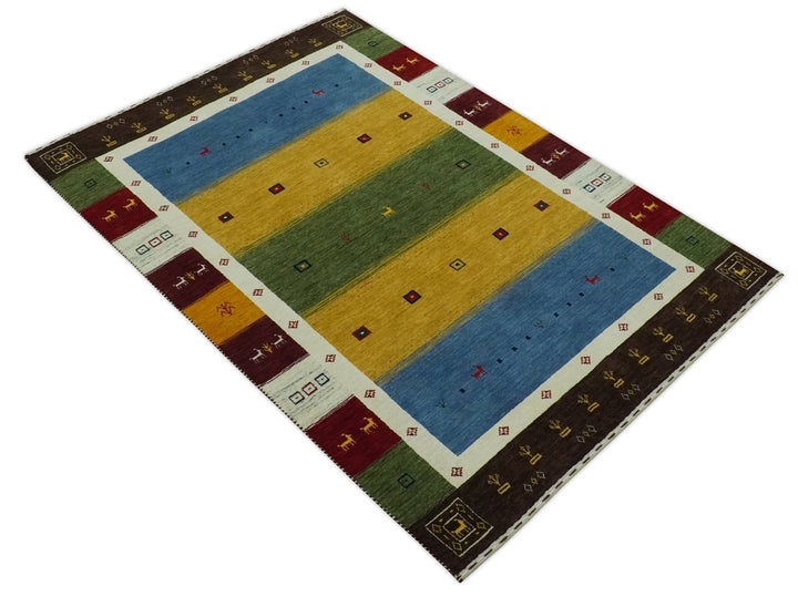 Tribal Gabbeh Green, Gold, Blue, Maroon and Ivory Stripes design Traditional Wool Area Rug - The Rug Decor