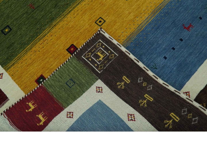 Tribal Gabbeh Green, Gold, Blue, Maroon and Ivory Stripes design Traditional Wool Area Rug - The Rug Decor