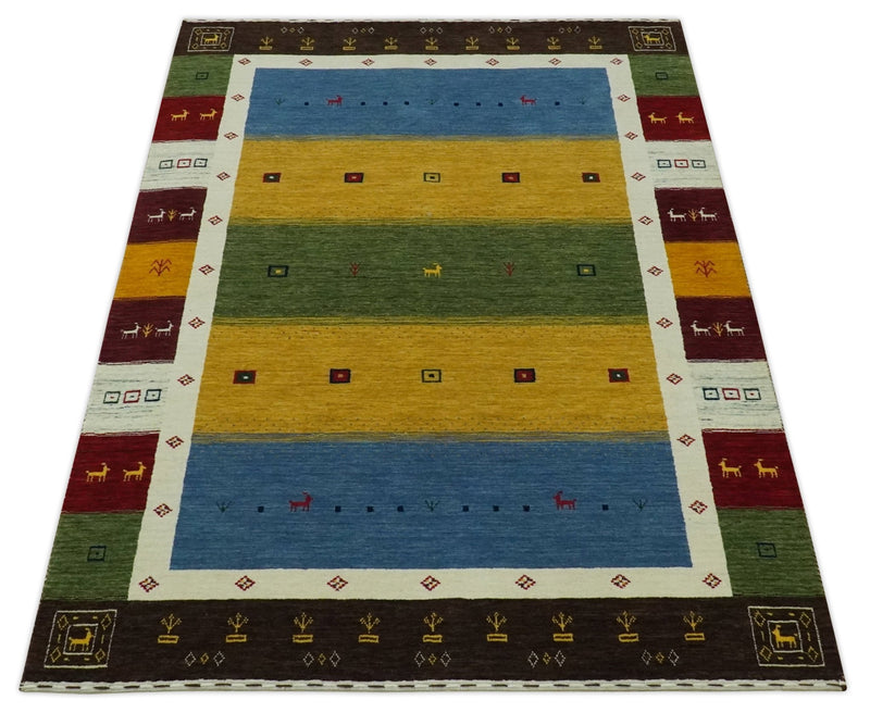 Tribal Gabbeh Green, Gold, Blue, Maroon and Ivory Stripes design Traditional Wool Area Rug - The Rug Decor