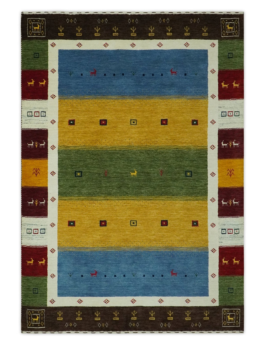 Tribal Gabbeh Green, Gold, Blue, Maroon and Ivory Stripes design Traditional Wool Area Rug - The Rug Decor