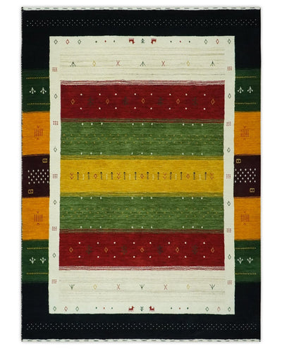 Tribal Gabbeh Green, Gold, Ivory, Maroon and Black Stripes design Traditional Hand loom 4.6x7 Wool Area Rug - The Rug Decor