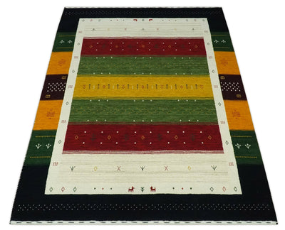 Tribal Gabbeh Green, Gold, Ivory, Maroon and Black Stripes design Traditional Hand loom 4.6x7 Wool Area Rug - The Rug Decor
