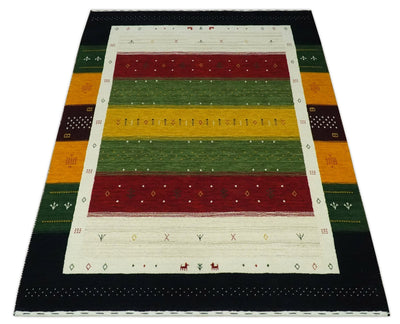 Tribal Gabbeh Green, Gold, Ivory, Maroon and Black Stripes design Traditional Hand loom Wool Area Rug - The Rug Decor