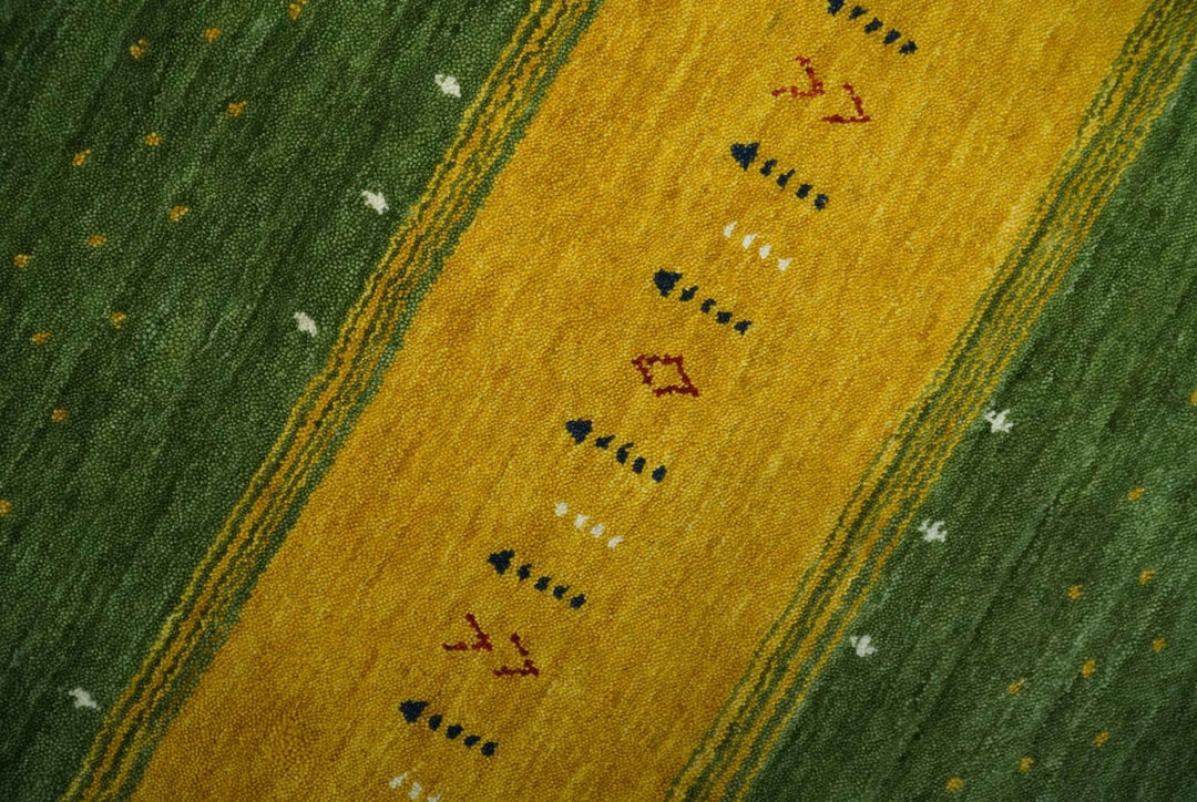 Tribal Gabbeh Green, Gold, Ivory, Maroon and Black Stripes design Traditional Hand loom Wool Area Rug - The Rug Decor