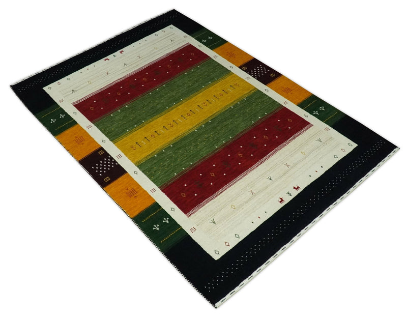 Tribal Gabbeh Green, Gold, Ivory, Maroon and Black Stripes design Traditional Hand loom Wool Area Rug - The Rug Decor