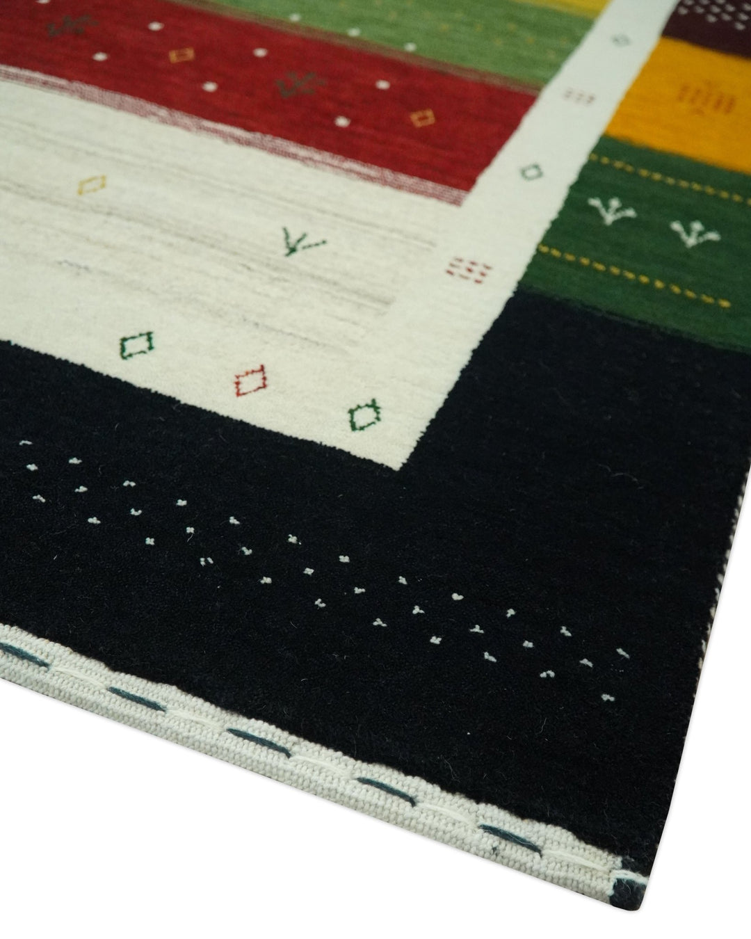Tribal Gabbeh Green, Gold, Ivory, Maroon and Black Stripes design Traditional Hand loom Wool Area Rug - The Rug Decor