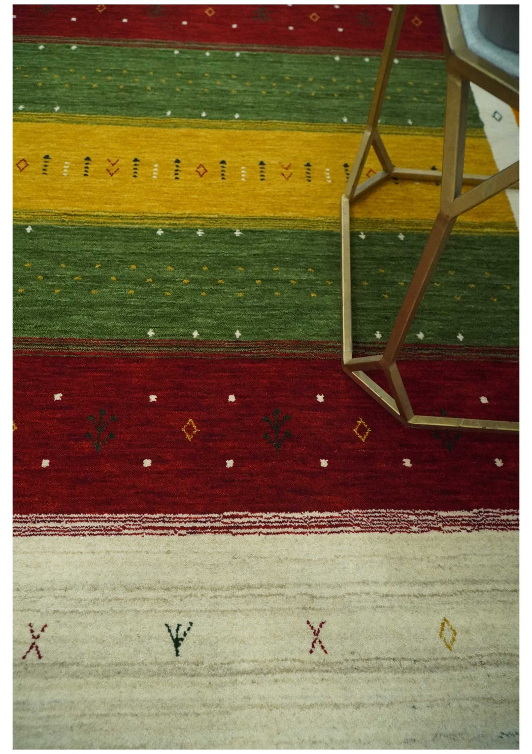 Tribal Gabbeh Green, Gold, Ivory, Maroon and Black Stripes design Traditional Hand loom Wool Area Rug - The Rug Decor