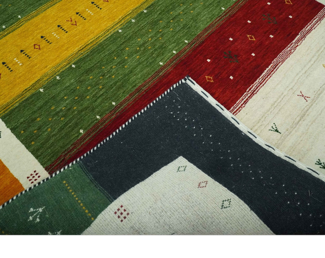 Tribal Gabbeh Green, Gold, Ivory, Maroon and Black Stripes design Traditional Hand loom Wool Area Rug - The Rug Decor