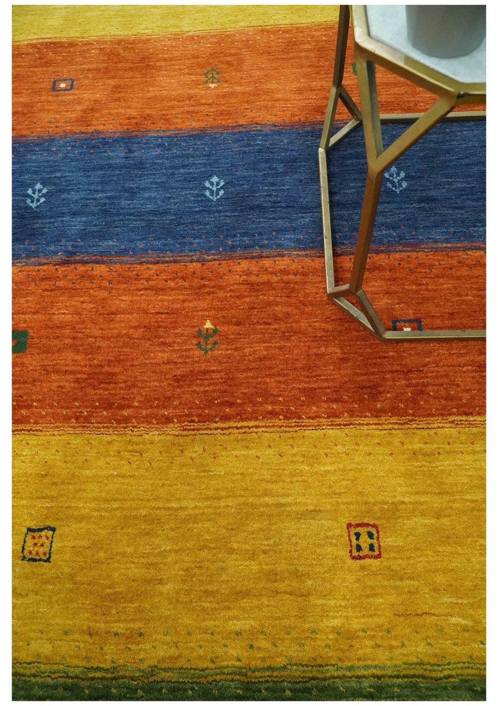 Tribal Gabbeh Green, Gold, Rust and Blue Stripes Design 4.6x7 Wool area Rug - The Rug Decor