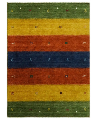 Tribal Gabbeh Green, Gold, Rust and Blue Stripes Design Multi Size Wool area Rug - The Rug Decor