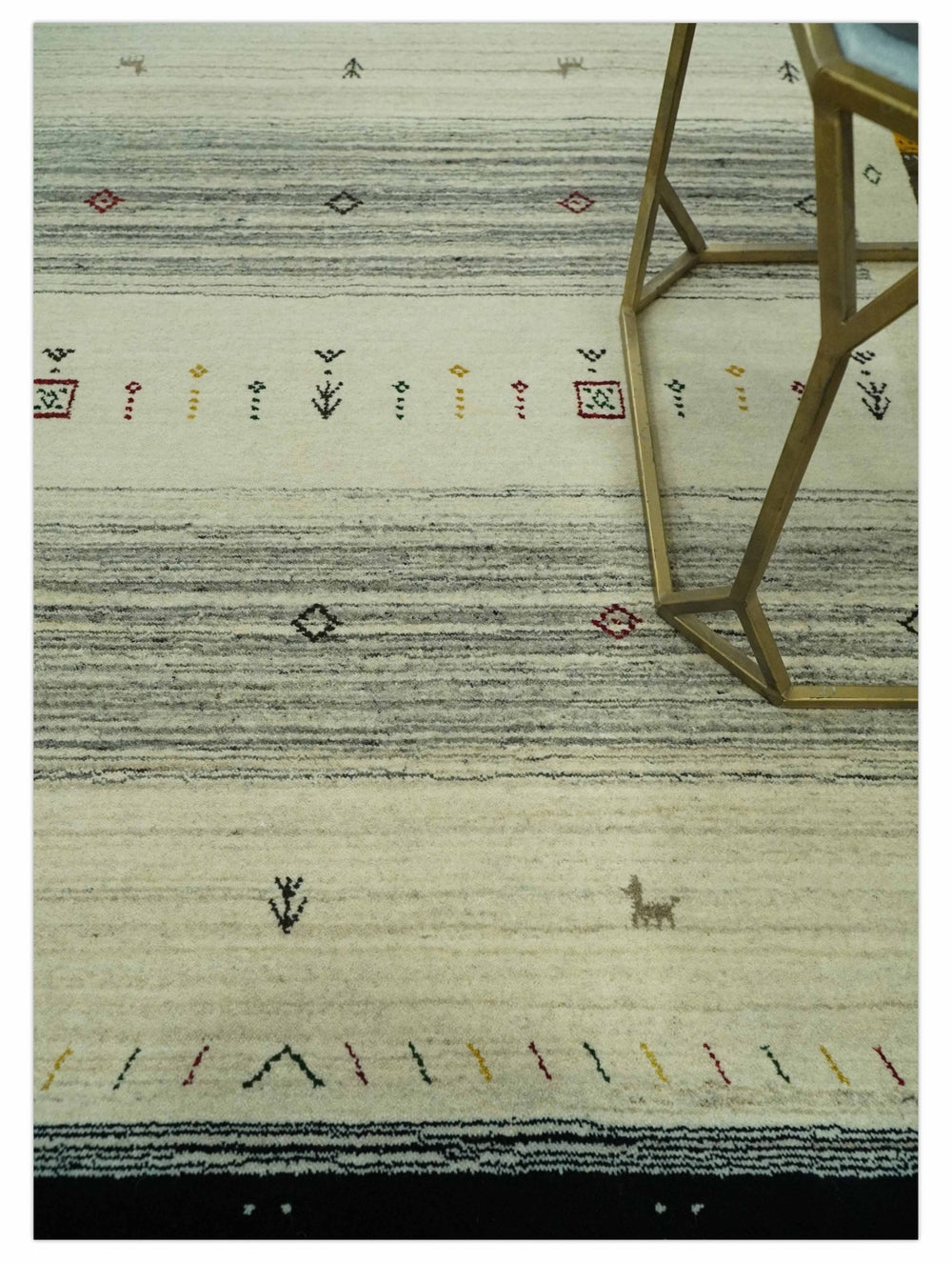 Tribal Gabbeh Ivory, Black, Gold and Maroon Stripes design Traditional Hand loom 4.6x7 Wool Area Rug - The Rug Decor