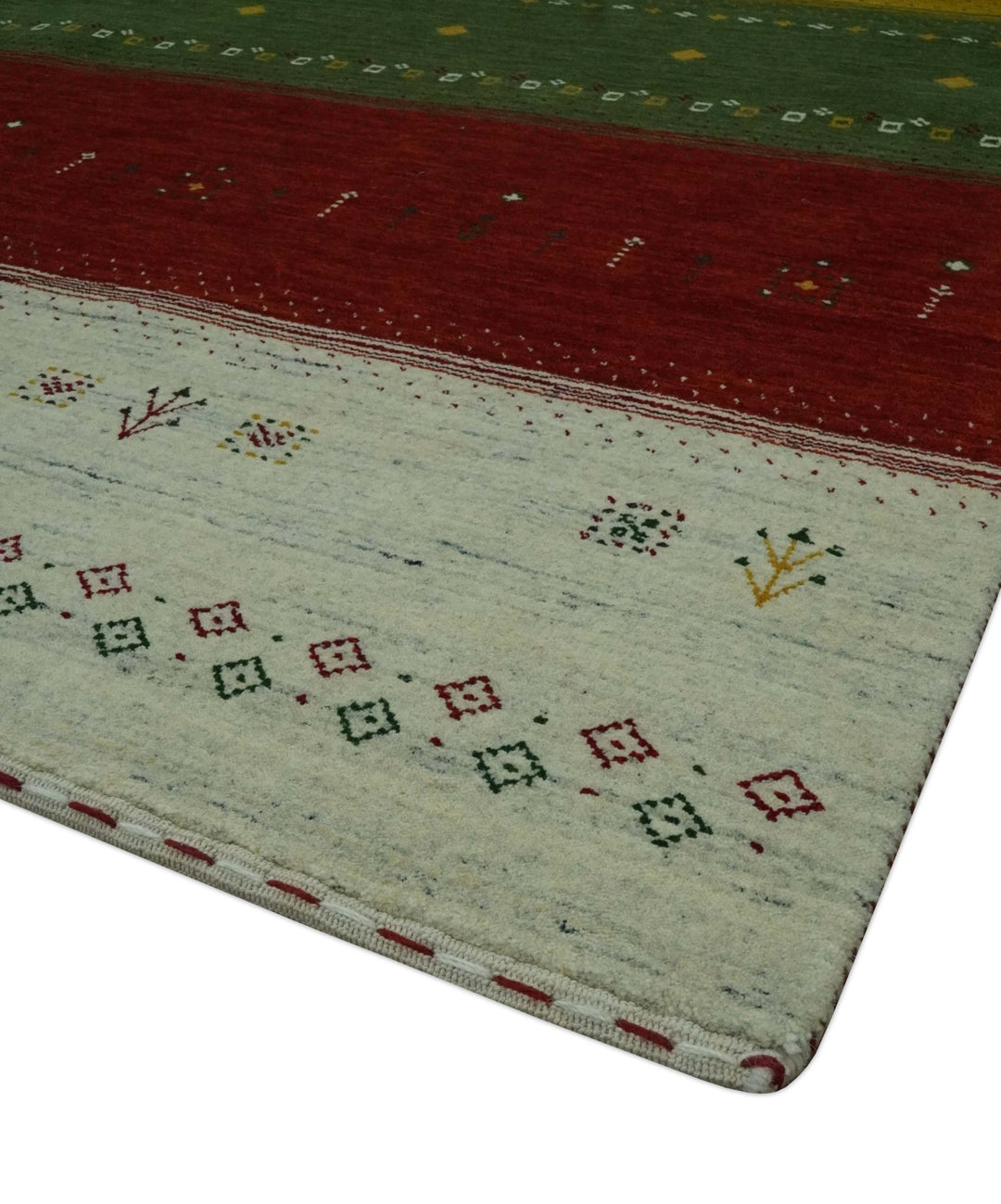 Tribal Gabbeh Ivory, Gold, Green and Maroon Geometrical Stripes Design 4.6x6.6 Hand loom wool area Rug - The Rug Decor
