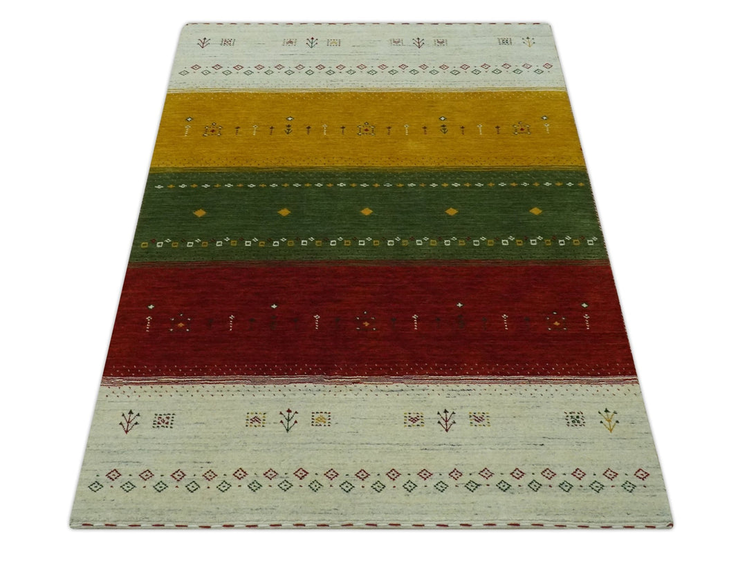 Tribal Gabbeh Ivory, Gold, Green and Maroon Geometrical Stripes Design 4.6x6.6 Hand loom wool area Rug - The Rug Decor