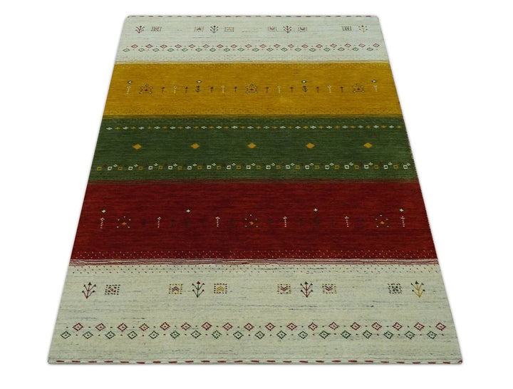 Tribal Gabbeh Ivory, Gold, Green and Maroon Geometrical Stripes Design 4.6x6.6 Hand loom wool area Rug - The Rug Decor