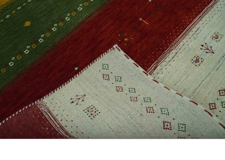 Tribal Gabbeh Ivory, Gold, Green and Maroon Geometrical Stripes Design 4.6x6.6 Hand loom wool area Rug - The Rug Decor