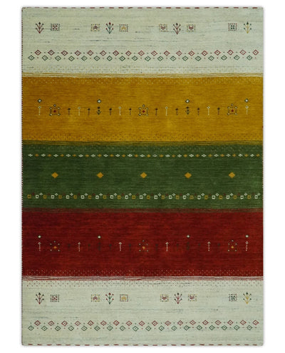 Tribal Gabbeh Ivory, Gold, Green and Maroon Geometrical Stripes Design 4.6x6.6 Hand loom wool area Rug - The Rug Decor