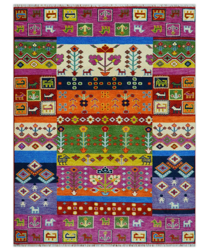 Tribal Gabbeh Rust, Ivory, Green and Pink Hand knotted Antique Look Traditional Wool Area Rug - The Rug Decor