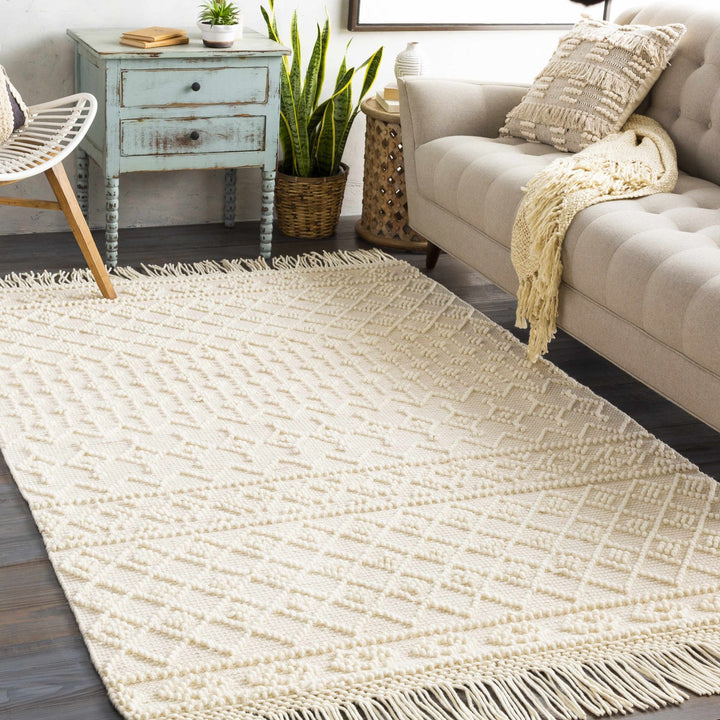 Tribal look Tassels Textured Beige, white Hand woven Wool and Cotton Area Rug - The Rug Decor