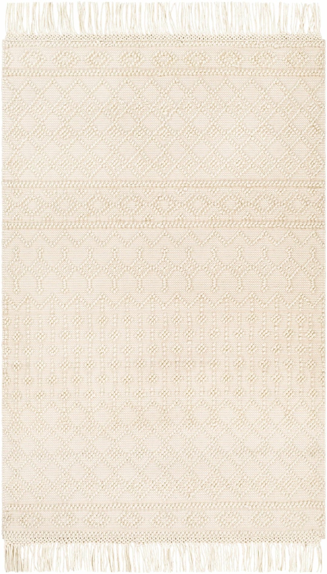 Tribal look Tassels Textured Beige, white Hand woven Wool and Cotton Area Rug - The Rug Decor