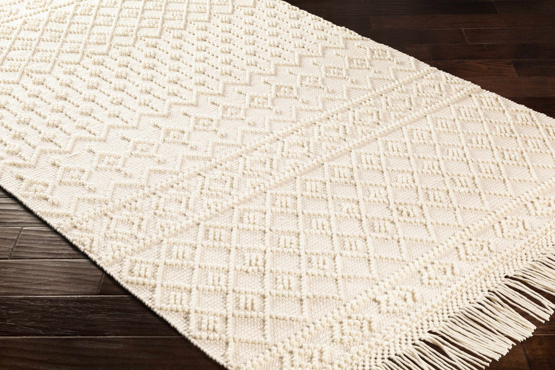 Tribal look Tassels Textured Beige, white Hand woven Wool and Cotton Area Rug - The Rug Decor