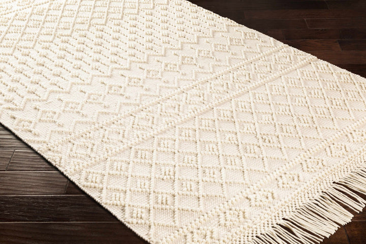 Tribal look Tassels Textured Beige, white Hand woven Wool and Cotton Area Rug - The Rug Decor