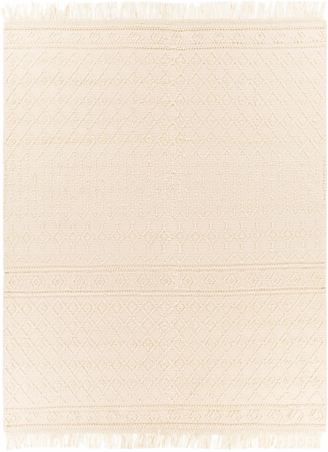 Tribal look Tassels Textured Beige, white Hand woven Wool and Cotton Area Rug - The Rug Decor