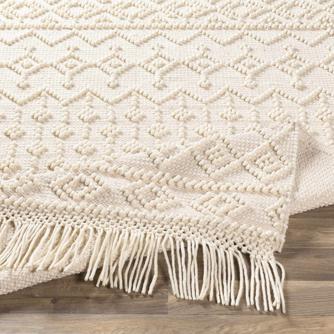 Tribal look Tassels Textured Beige, white Hand woven Wool and Cotton Area Rug - The Rug Decor
