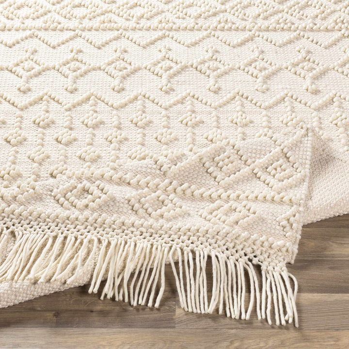 Tribal look Tassels Textured Beige, white Hand woven Wool and Cotton Area Rug - The Rug Decor