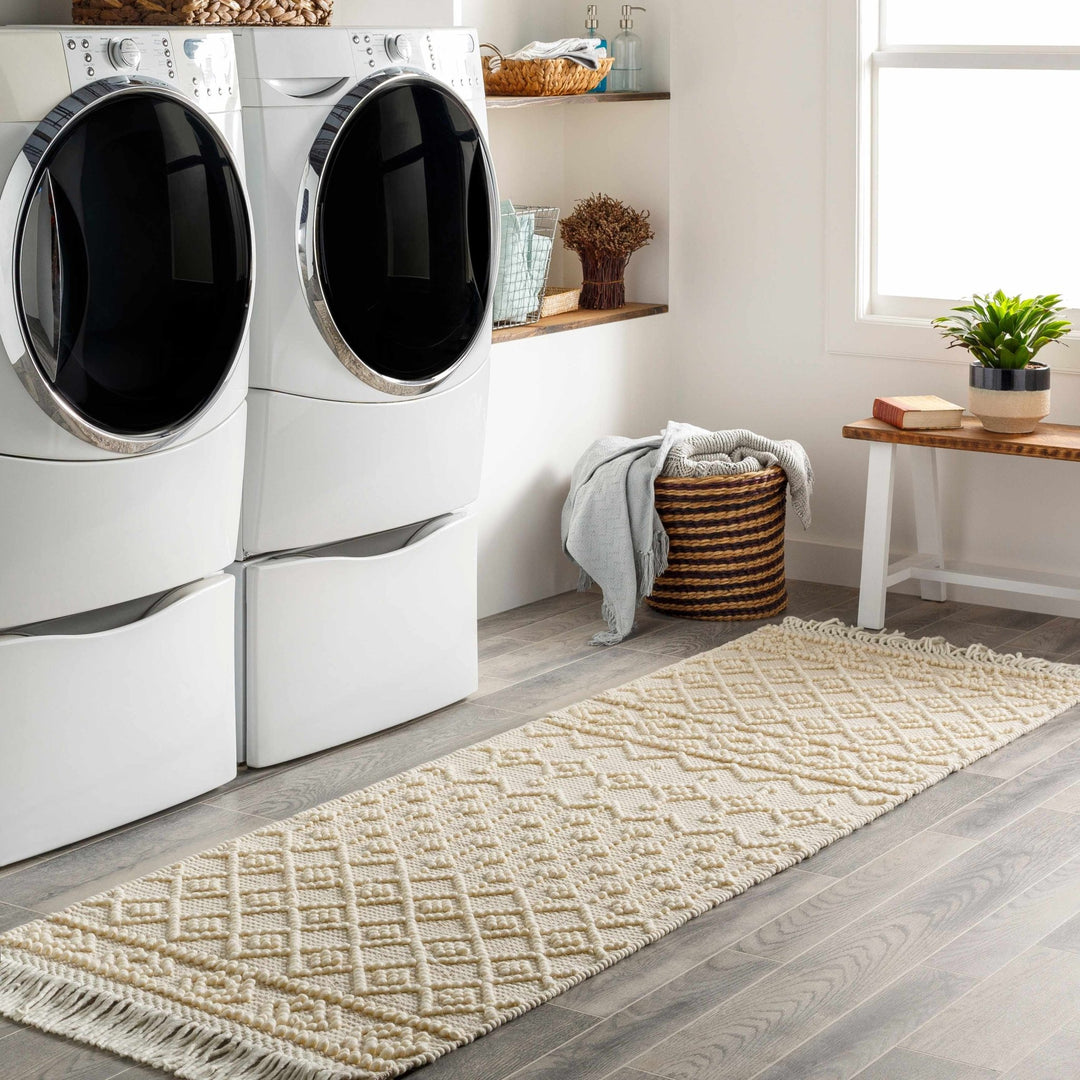 Tribal look Tassels Textured Beige, white Hand woven Wool and Cotton Area Rug - The Rug Decor