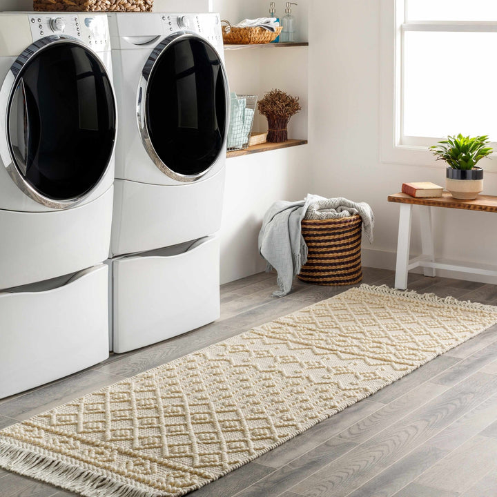 Tribal look Tassels Textured Beige, white Hand woven Wool and Cotton Area Rug - The Rug Decor