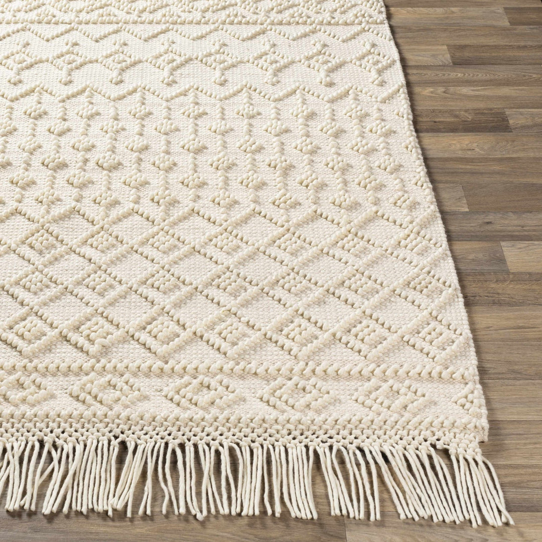 Tribal look Tassels Textured Beige, white Hand woven Wool and Cotton Area Rug - The Rug Decor
