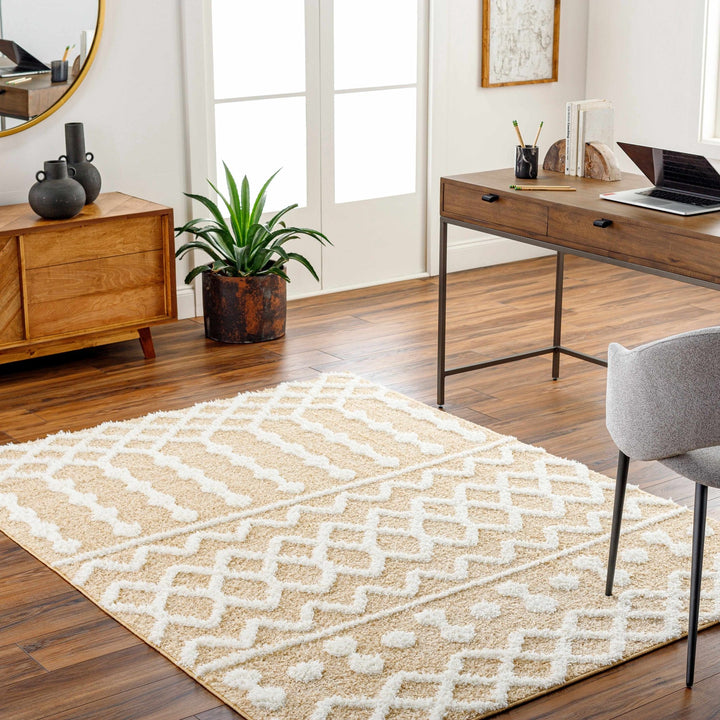 Tribal Trellis Camel and Ivory Plush Pile Machine Woven Area Rug - The Rug Decor