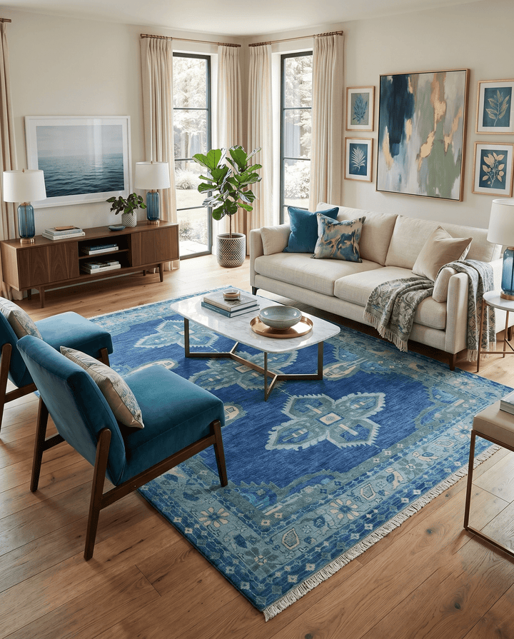 Tullu Custom Made Hand Knotted Blue and Silver Traditional Wool Rug - The Rug Decor