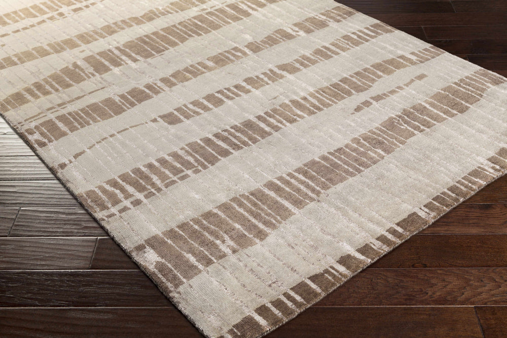 Rectangular hand-knotted area rug, beige and brown abstract stripe pattern