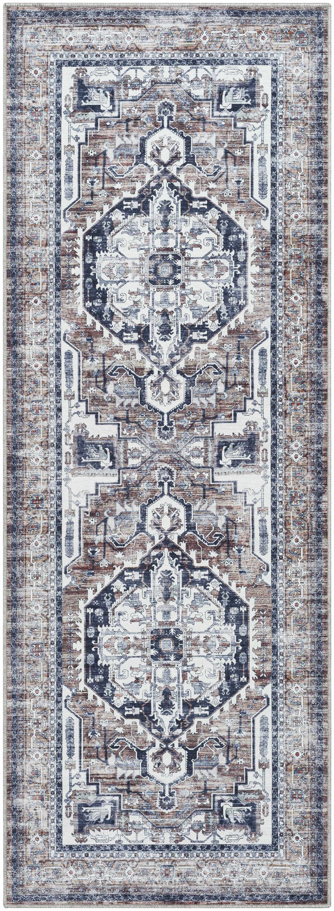 Terri Traditional Navy And Brown Washable Area Rug